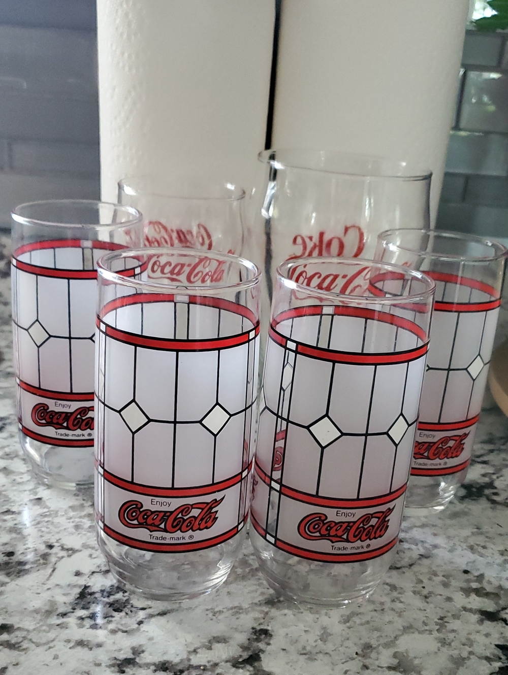 Vintage 4 Coca-Cola Logo Red&White Print And 2 Clear Glass Drink Glasses Bundle.